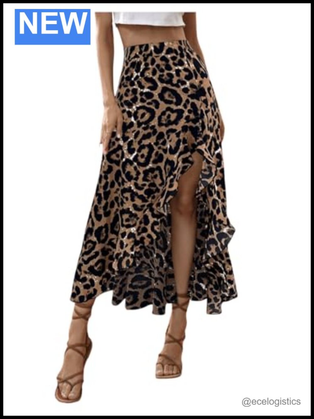 Polyester High Waist Midi Skirt Ruffle Split Flowy Leopard Print